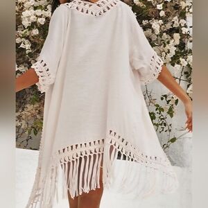 Cupshe Beige Cream Kimono Cardigan Cover-Up with Crochet Trim & Fringe Medium